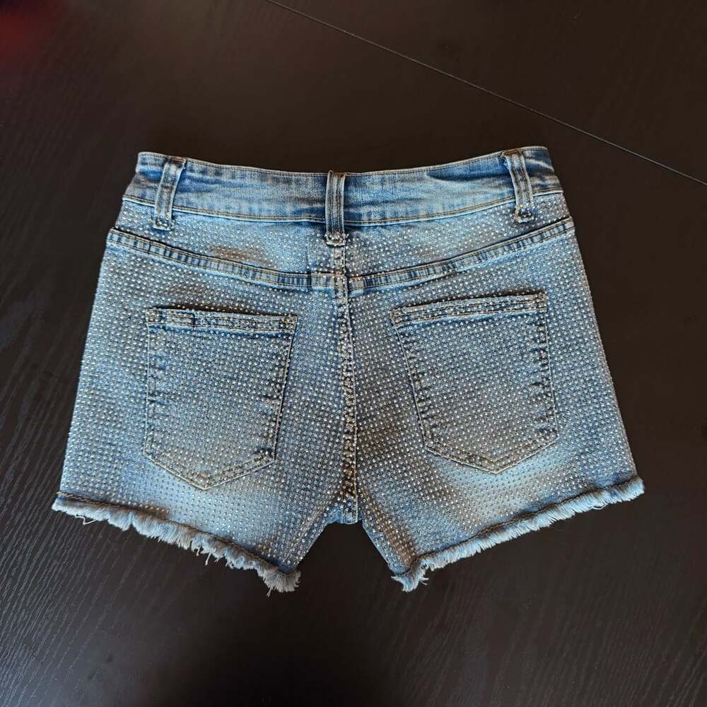 Vocal USA Women's Rhinestone Embellished Frayed Hem Denim Shorts